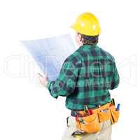Male Contractor with Hard Hat and Tool Belt Looking Away Isolate