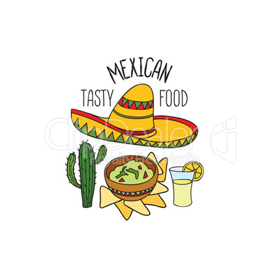 Mexican food symbol set. Fastfood sign. Guacamole, tequila, hat, cactus icon.