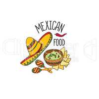 Mexican food symbol set. Fastfood sign. Guacamole, hat, musical icon.