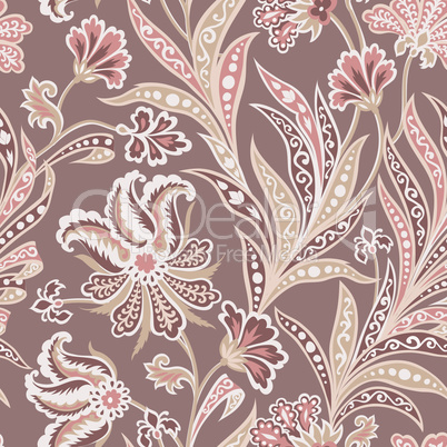 Floral leaf and flower seamless pattern. Abstract oriental floral background