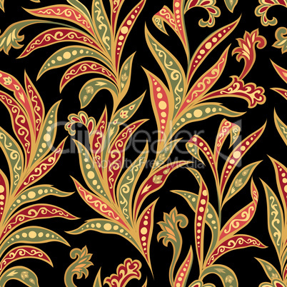 Floral seamless pattern with flowers and leaves over black backgound