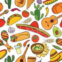 Mexican food and musical instruments seamless pattern. Travel Mexico background