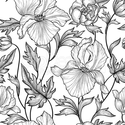 Floral seamless pattern. Flower background Engrave garden texture