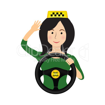 Taxi driver girl holding wheel. Order a taxi cartoon banner