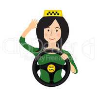 Taxi driver girl holding wheel. Order a taxi cartoon banner