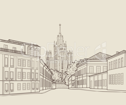 Moscow city street famous building. Travel Russia background