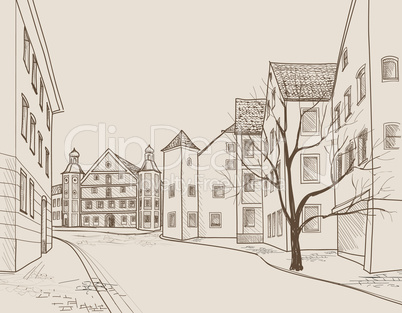 Old city street building view. Cityscape retro skyline draw