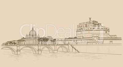 Rome cityscape with St. Peter's Basilica and Castle Sant Angelo.