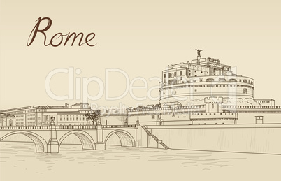 Rome cityscape with Castel Sant'Angelo. Italian city famous landndmark