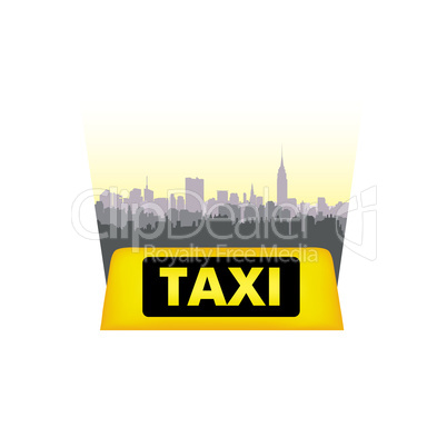 Taxi service icon. City skyline background. Call taxi sign