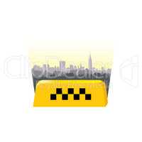 Taxi service icon. City skyline background. Call taxi sign