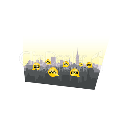 Taxi service sign. City skyline background Call taxi pointer