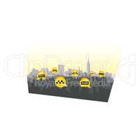 Taxi service sign. City skyline background Call taxi pointer