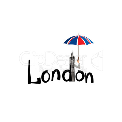 London sign hand lettering. British jack flag colored umbrella and Big Ben tower