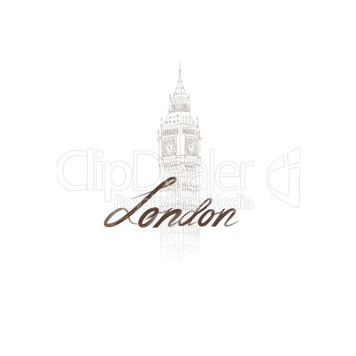 London sign handwritten lettering with Big Ben tower. London city