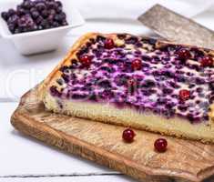a piece of baked pie from cottage cheese and blueberries