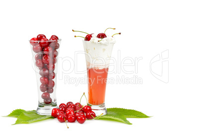Fresh berries of cherries and smoothies isolated on white backgr