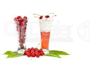 Fresh berries of cherries and smoothies isolated on white backgr