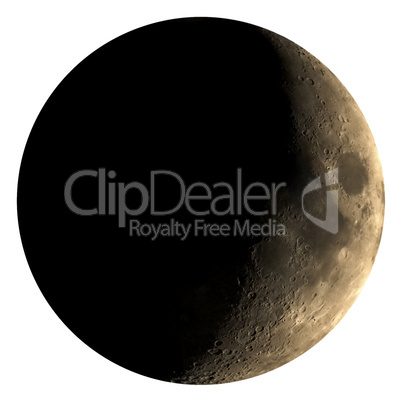 High contrast Waxing crescent moon seen with telescope, isolated