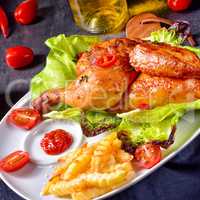 fried chicken with chips and salad