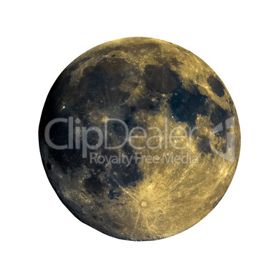 High contrast Full moon seen with telescope, enhanced colours, isolated