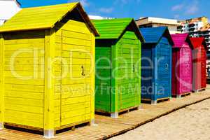 Colorful beach cabins.