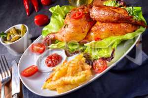 fried chicken with chips and salad