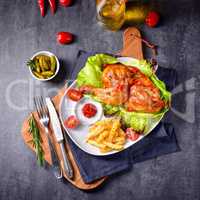 fried chicken with chips and salad