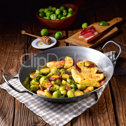 Brussels Sprouts with ham ,honey and roasted potatoes
