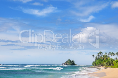 Picturesque beach and blue sky. Coastline of Sri Lanka.