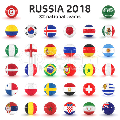 3d render - Russia 2018 - 32 footballs with national flags