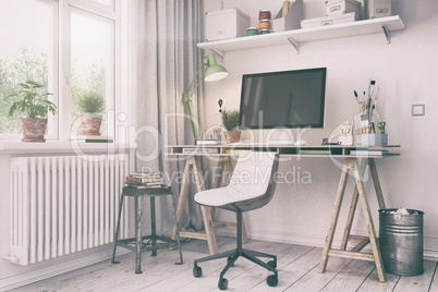 3d render - scandinavian nordic home office - retro look