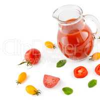 Fresh tomato juice and tomatoes isolated on white background. Fl