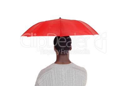 Black man standing from back with red umbrella