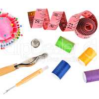 Threads and sewing accessories isolated on white background. Sew