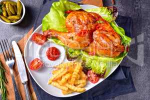 fried chicken with chips and salad