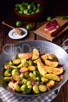 Brussels Sprouts with ham ,honey and roasted potatoes