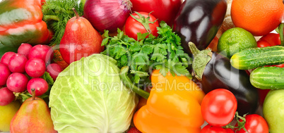 Fresh fruits and vegetables background. Wide photo.