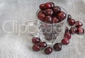 Glass Cup with cherries on the table.