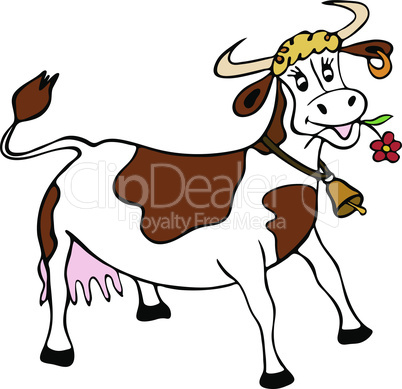 white cow with black spots and a yellow bell on his neck, a red flower in his mouth, a funny cartoon character
