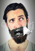 Worried Man with torn paper on mouth and cartoon mouth