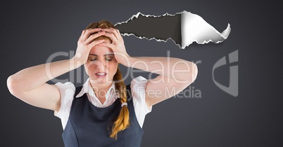 Stressed and upset woman with torn paper