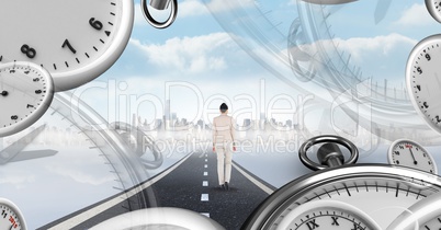 Businesswoman walking on road with surreal time clocks perspective