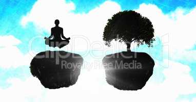 Meditating person and Floating surreal tree in sky