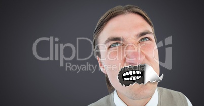 Man with torn paper on mouth and cartoon mouth