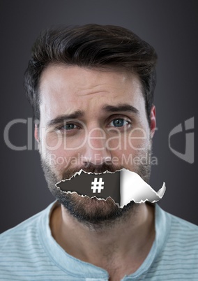 Hashtag icon and Man with torn paper on mouth