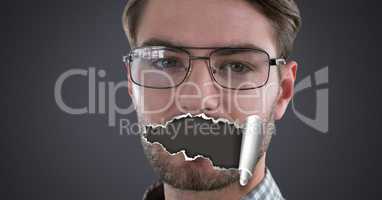 Man with torn paper mouth