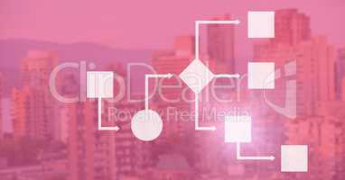 white wireframe with pink city background
