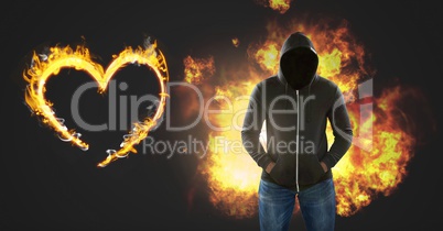 Dark Man with no face and burning fire flames with heart