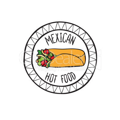 Mexican burrito food doodle symbol. Round shape sign. Fastfood icon.